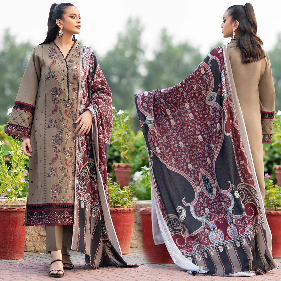 Dhanak 3PC Embroidered With Printed Wool Shawl-254
