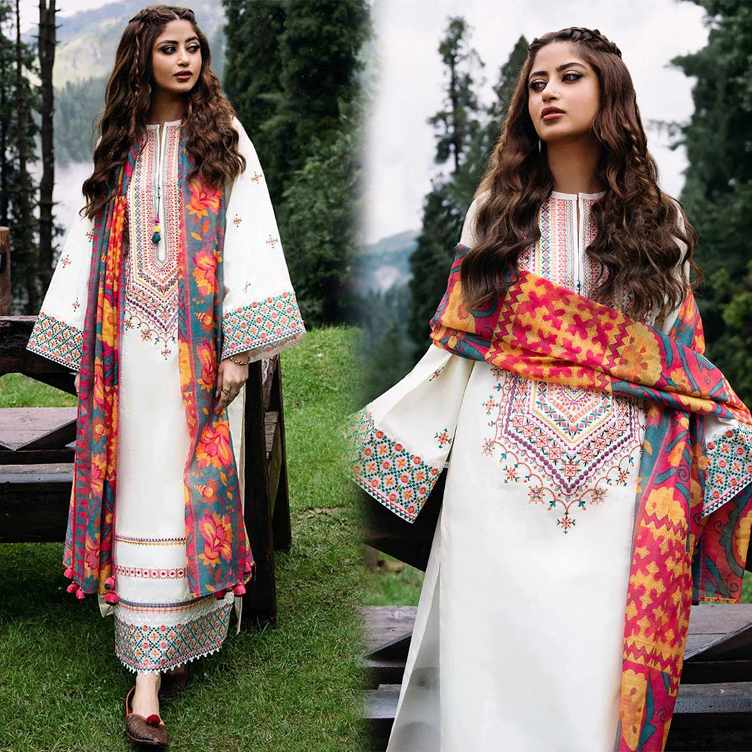 Sapphire Dhanak 3PC Embroidered With Printed Wool Shawl-255
