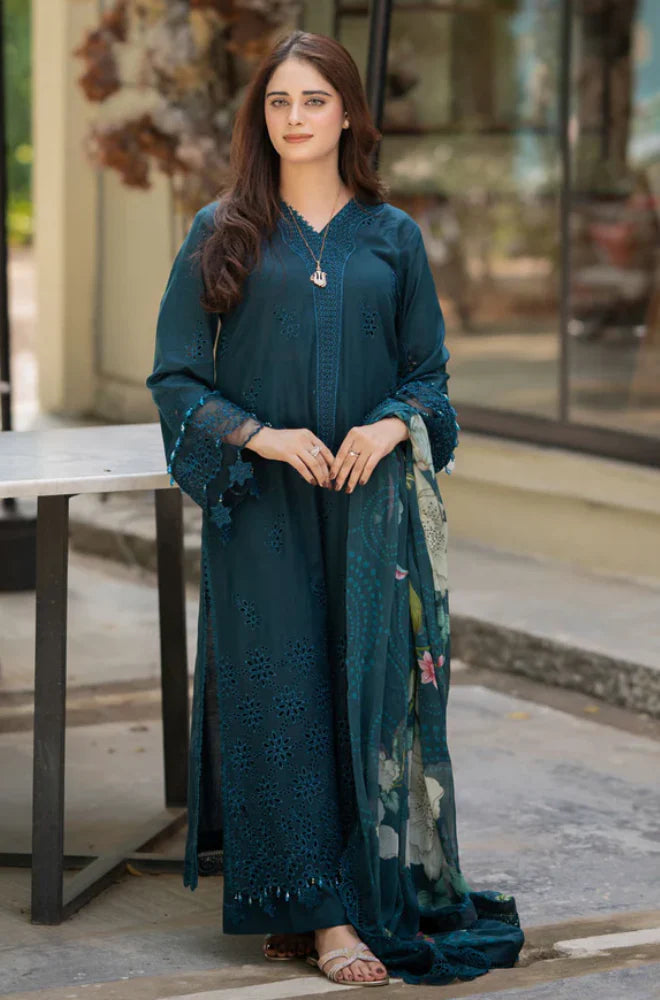 Dhanak-3PC Embroidered Shirt with Digital Printed Wool Shawl -3438