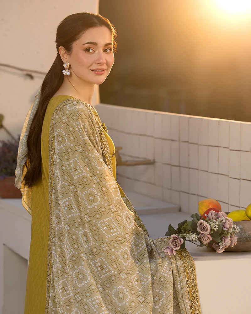 Dhanak-3PC Embroidered Shirt with Digital Printed Wool Shawl - 3289