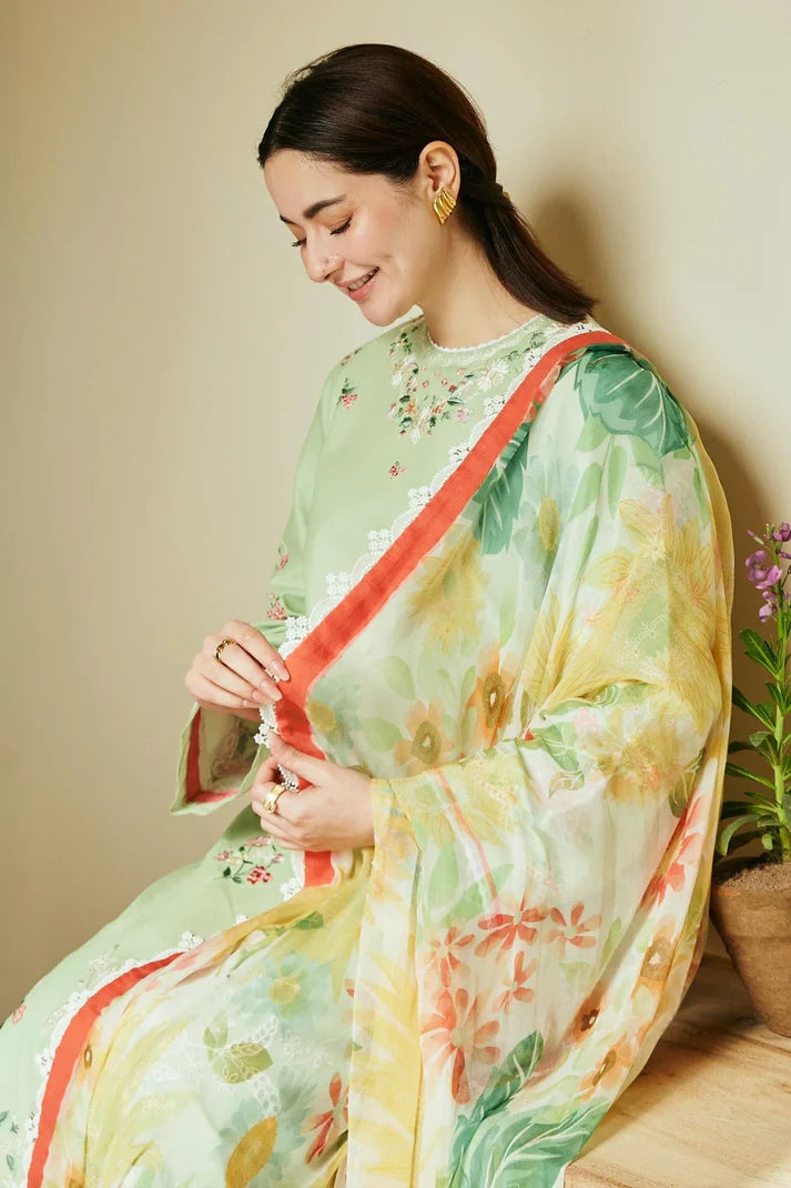 Dhanak-3PC Embroidered Shirt with Digital Printed Wool Shawl - 3238