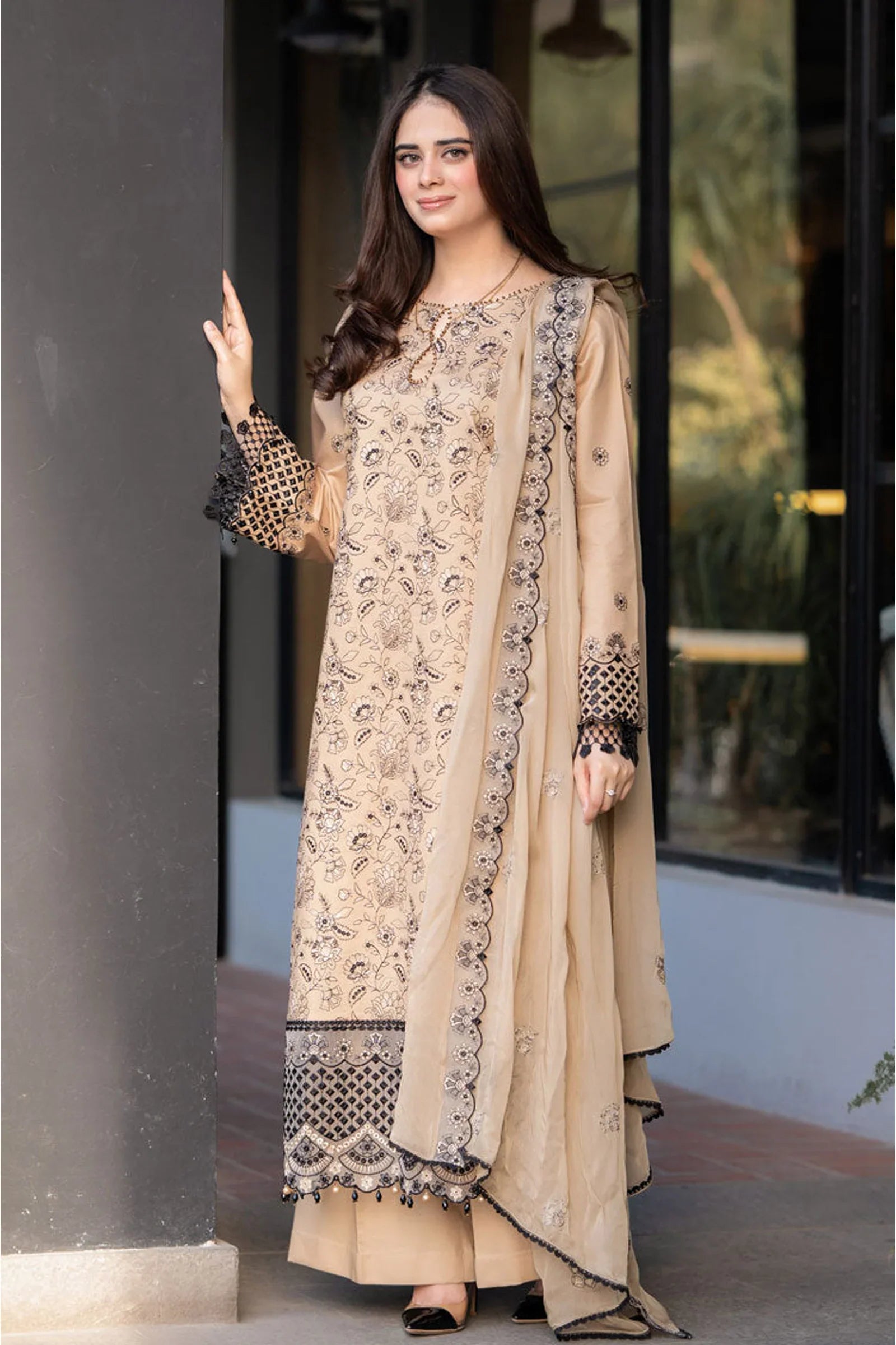 Dhanak-3PC Embroidered Shirt with Chiffon Embroidered Dupatta-3397